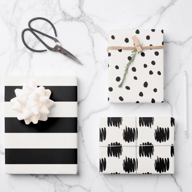 Black and Off-White Eggshell Patterns Wrapping Paper Sheets (Front)