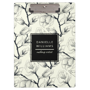 Black and Off-White Elegant Magnolia Botanical Clipboard