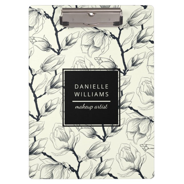 Black and Off-White Elegant Magnolia Botanical Clipboard (Front)