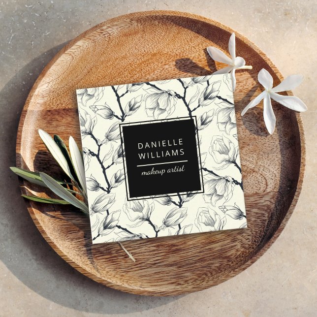 Black and Off-White Elegant Magnolia Botanical Square Business Card (Creator Uploaded)