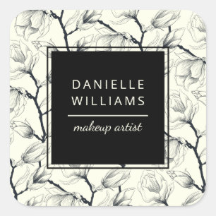 Black and Off-White Elegant Magnolia Botanical Square Sticker