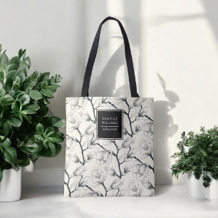 Black and Off-White Elegant Magnolia Botanical Tote Bag