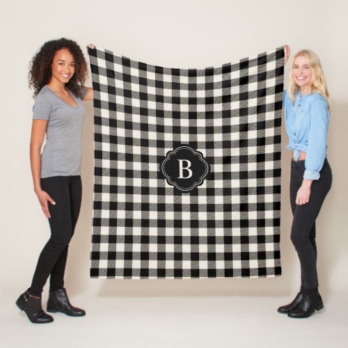 Black and Off_White Plaid Pattern and Monogram Fleece Blanket