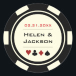 Black and Off White Poker Chip Wedding Classic Round Sticker<br><div class="desc">Getting married in Las Vegas or another fun casino town? These white and black glossy stickers would make a perfect addition to a favor box, envelope, candy buffet and more. Personalize your design with your names in black in the center, and a wedding date, thank you, etc. in red on...</div>