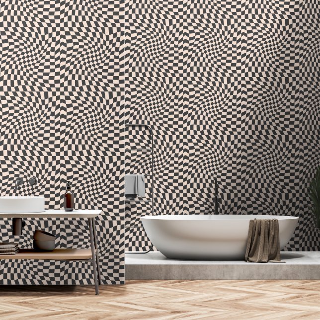 Black and Off White Twisted Checkerboard Wallpaper (Bathroom)