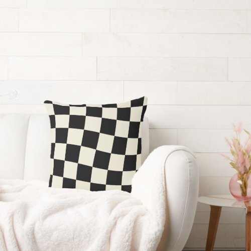 Black and Off_White Warped Grid Throw Pillow