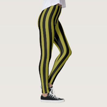 Black And Olive Green Vertical Stripe Pattern Leggings by JanesPatterns at Zazzle