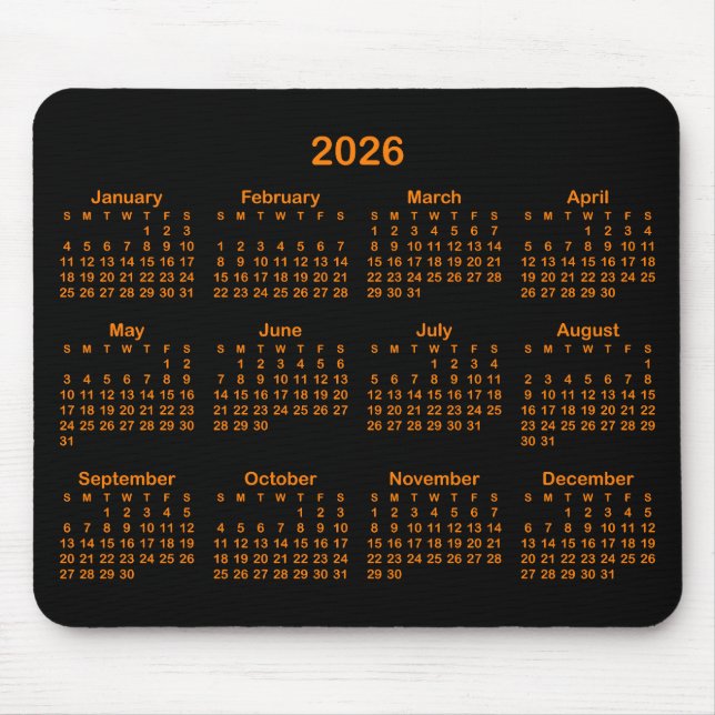 Black and Orange 2026 Calendar Mouse Pad (Front)
