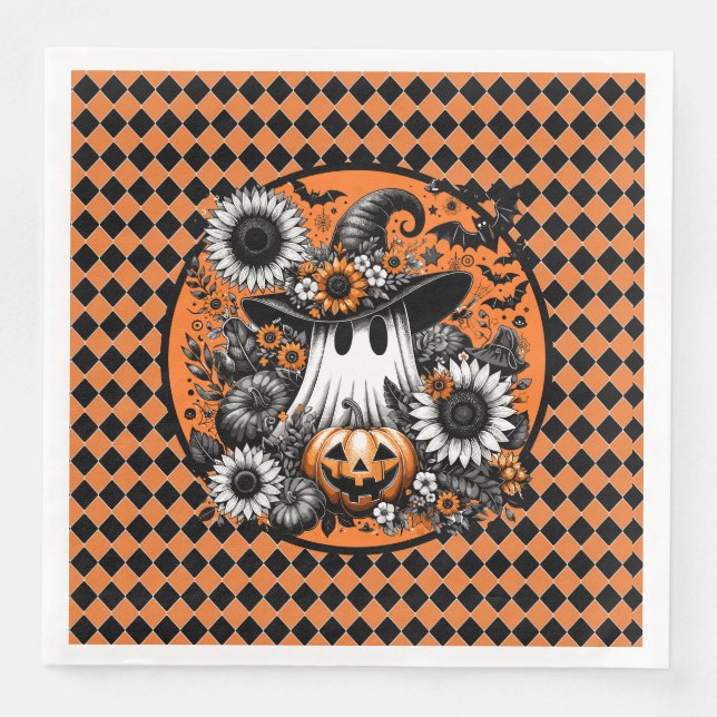 Black And Orange Argyle Ghost  Paper Dinner Napkins (Front)