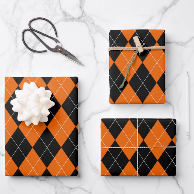 Black and Orange Argyle Wrapping Paper Sheets (Front)