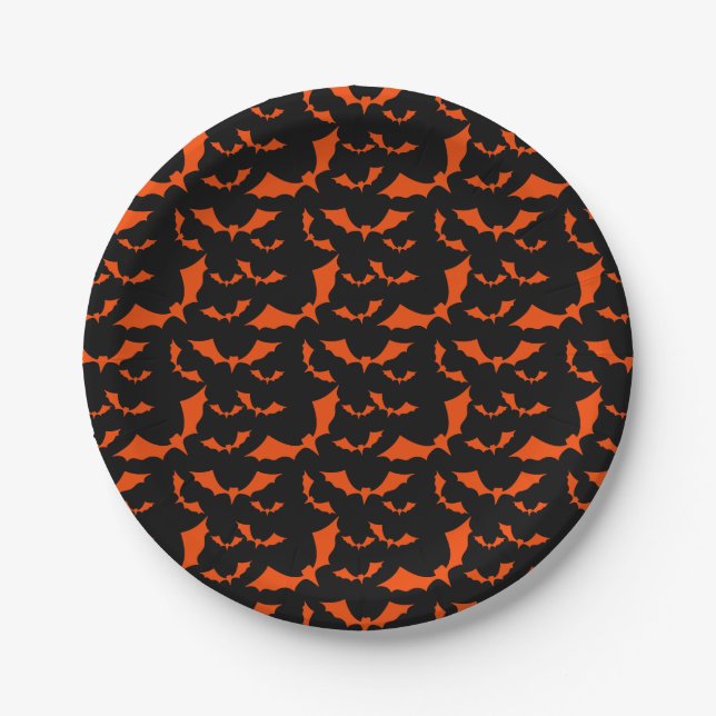 black and orange bats halloween pattern paper plates (Front)