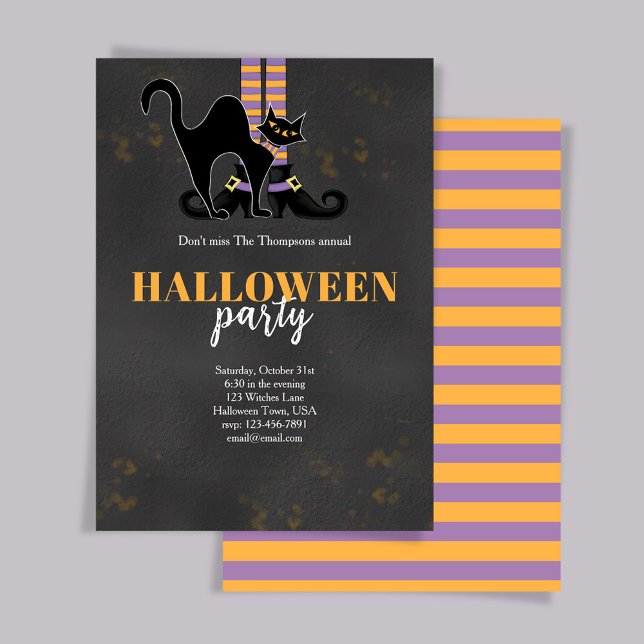 Black and Orange Black Cat Witch Halloween Party Invitation (Halloween Party witch and black cat invitation.)
