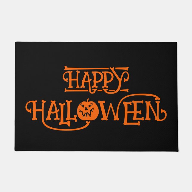 Black and Orange Bony Happy Halloween Doormat (Front)
