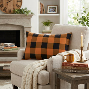 Black and Orange Buffalo Plaid Autumn Halloween Lumbar Pillow