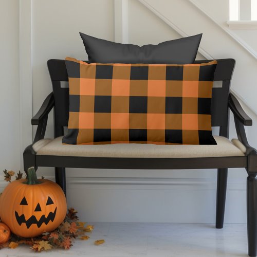 Black and Orange Buffalo Plaid Autumn Halloween Lumbar Pillow