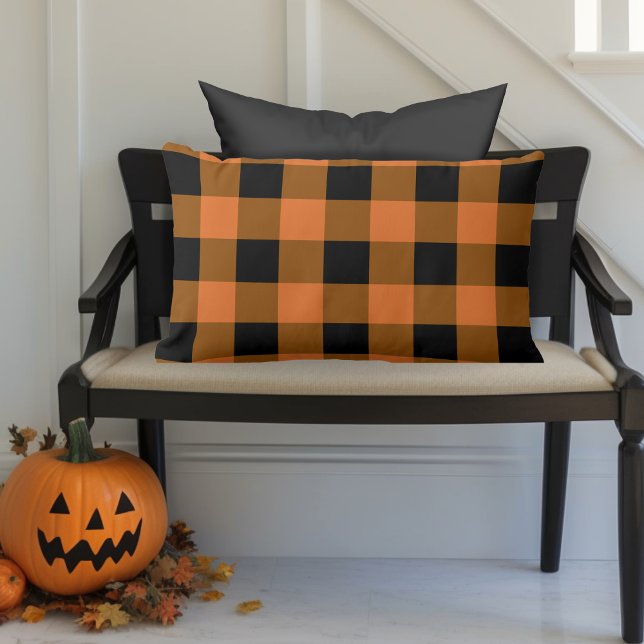 Black and Orange Buffalo Plaid Autumn Halloween Lumbar Pillow (Black and Orange Buffalo Plaid Lumbar Pillow for Autumn or Halloween)