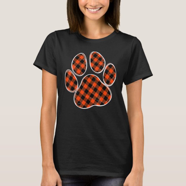 Black And Orange Buffalo Plaid Dog Paw Print for A T-Shirt (Front)