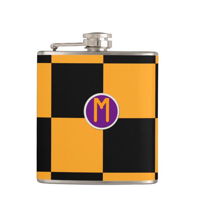 Black and Orange Check Pattern Hip Flask (Front)