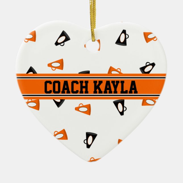 Black and Orange Cheer Megaphones Personalized Ceramic Ornament (Front)