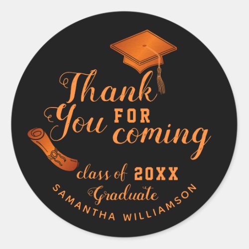 Black and Orange Class of 2023 Graduate Thank You Classic Round Sticker