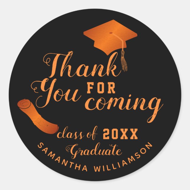 Black and Orange Class of 2025 Graduate Thank You Classic Round Sticker (Front)