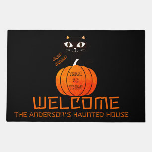 Black and Orange Cute Cat Haunted House Halloween Doormat