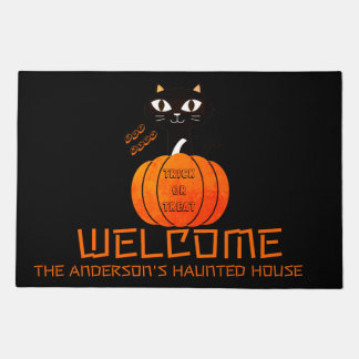 Black and Orange Cute Cat Haunted House Halloween Doormat