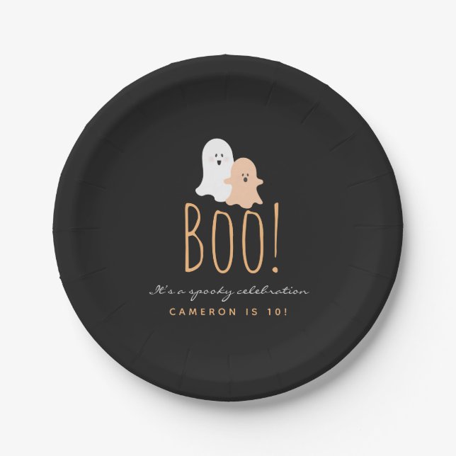 Black and Orange Cute Ghosts Boo! Halloween Paper Plates (Front)