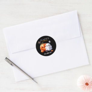 Black and Orange Cute Happy Halloween Classic Round Sticker