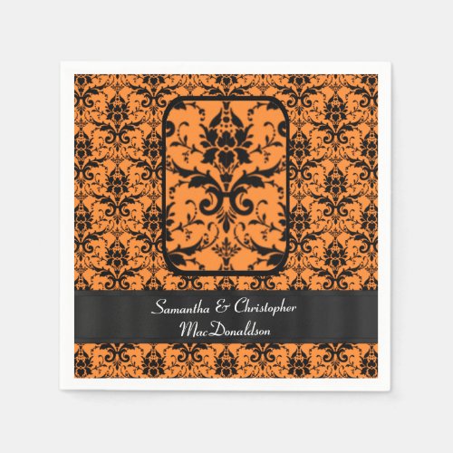 Black and orange damask pattern paper napkins