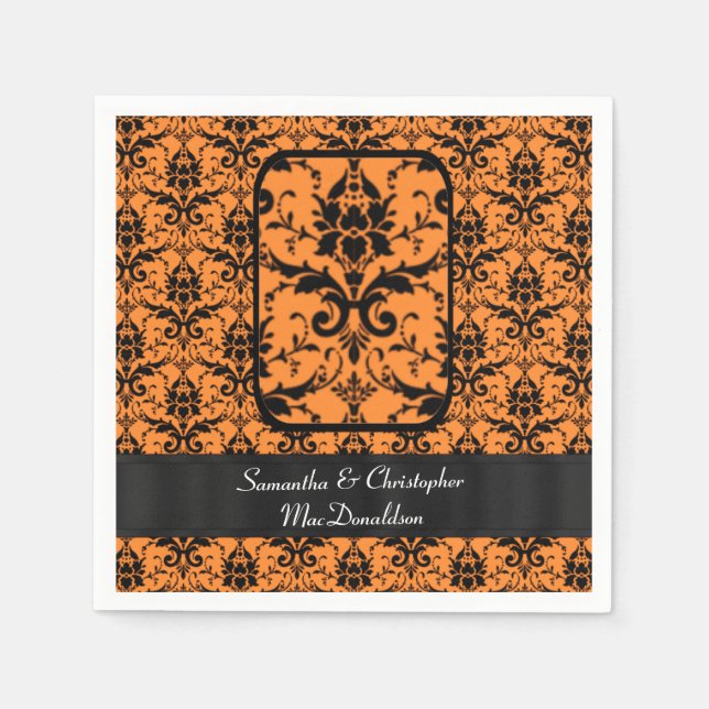 Black and orange damask pattern paper napkins (Front)
