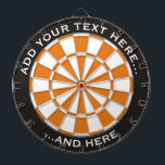 Black and Orange Dartboard with custom text<br><div class="desc">Dartboard with black and orange colors and two custom text areas on circle.</div>