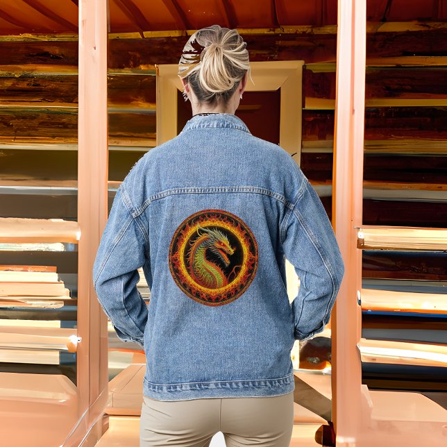 Black and Orange Dragon in a Circle of Fire Denim Jacket (Creator Uploaded)