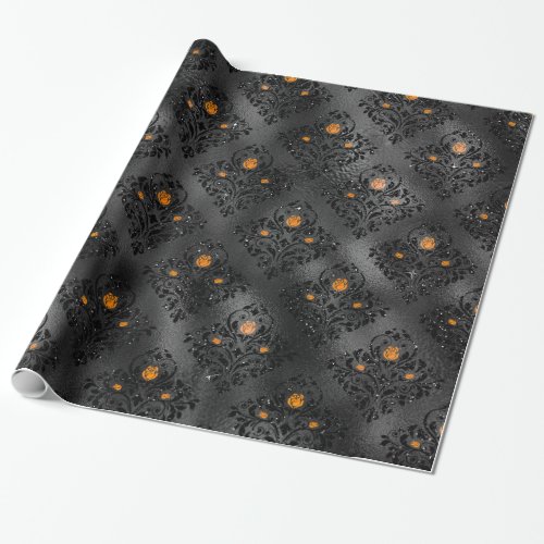 Black and Orange Floral Damask Pattern Wrapping Paper