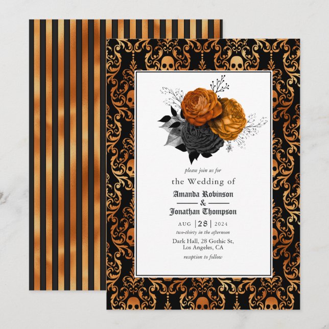 Black and Orange Floral Gothic Halloween Wedding Invitation (Front/Back)