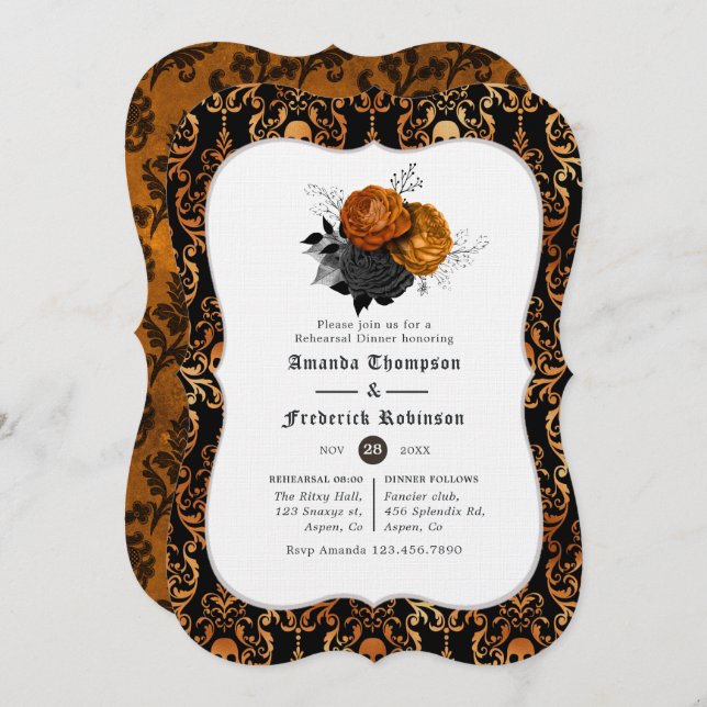 Black and Orange Floral Gothic Rehearsal Dinner In Invitation (Front/Back)