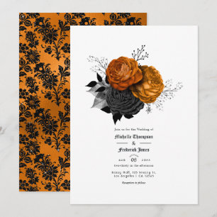 Black and Orange Floral Gothic Wedding Invitation
