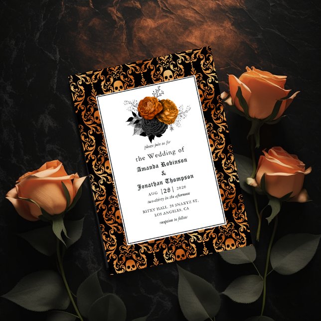 Black and Orange Floral Gothic Wedding Invitation