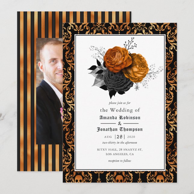 Black and Orange Floral Gothic Wedding Photo Invitation (Front/Back)
