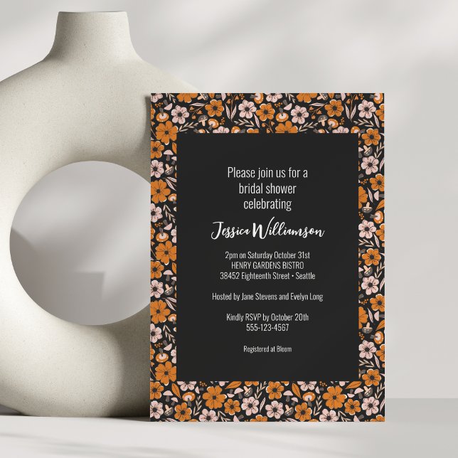 Black and Orange Floral Halloween Bridal Shower Invitation (Creator Uploaded)