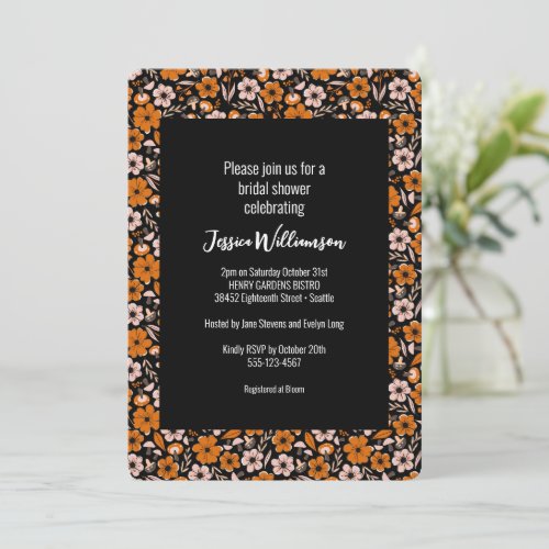 Black and Orange Floral Halloween Bridal Shower Invitation