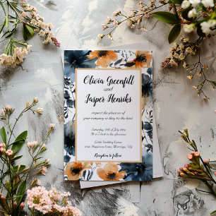Black and Orange Flowers Watercolor Wedding Invitation