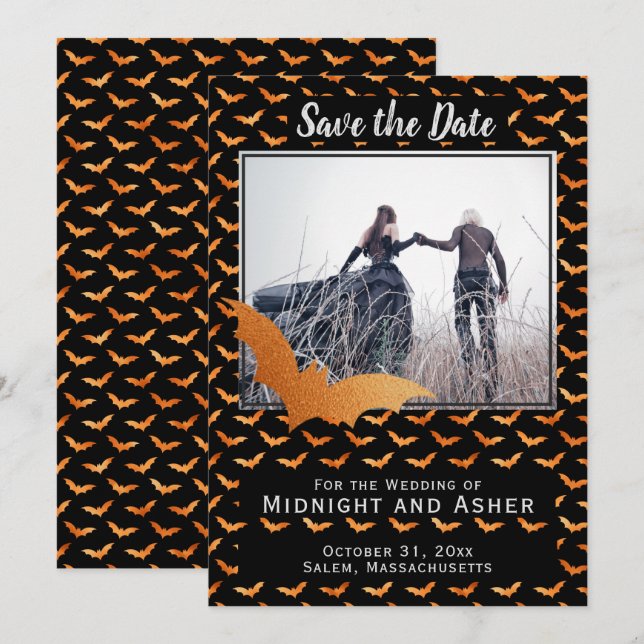 Black and Orange Foil Bat Halloween Wedding Save The Date (Front/Back)