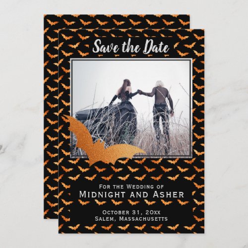 Black and Orange Foil Bat Halloween Wedding Save The Date