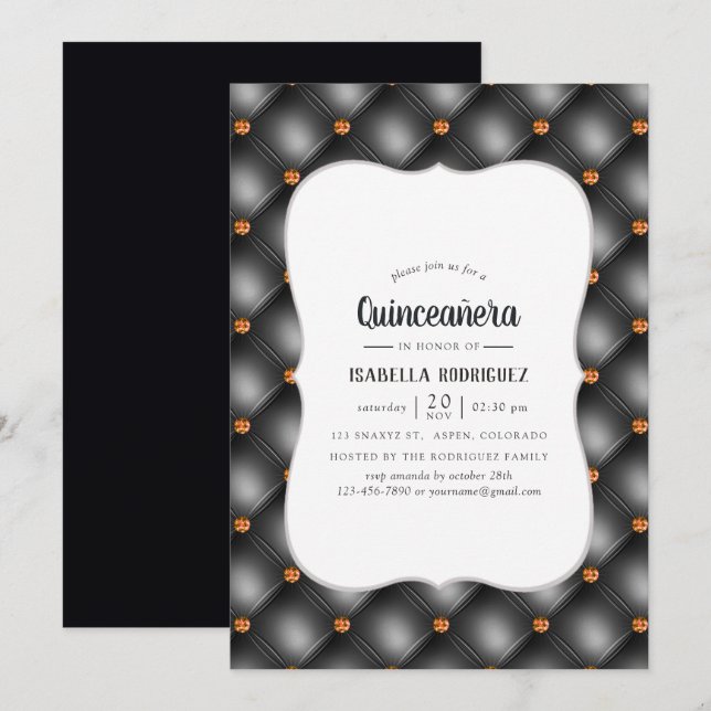 Black and Orange Gem Faux Leather Quinceañera Invitation (Front/Back)