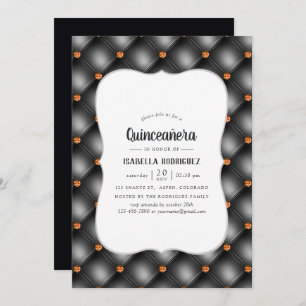 Black and Orange Gem Faux Leather Quinceañera Invitation