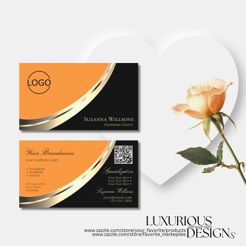 Black and Orange Gold Decor with Logo  QR_Code Business Card