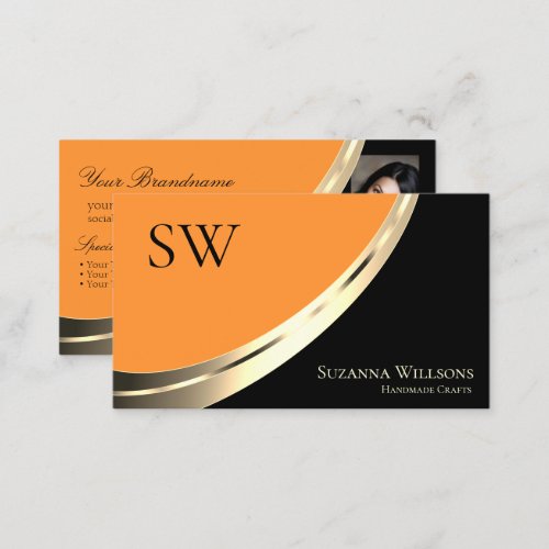 Black and Orange Gold Decor with Monogram  Photo Business Card