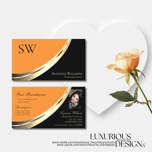 Black and Orange Gold Decor with Monogram  Photo Business Card