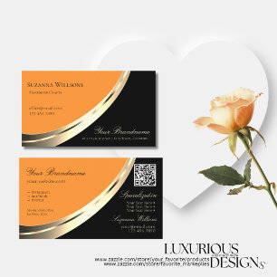 Black and Orange Gold Decor with QR-Code Modern Business Card